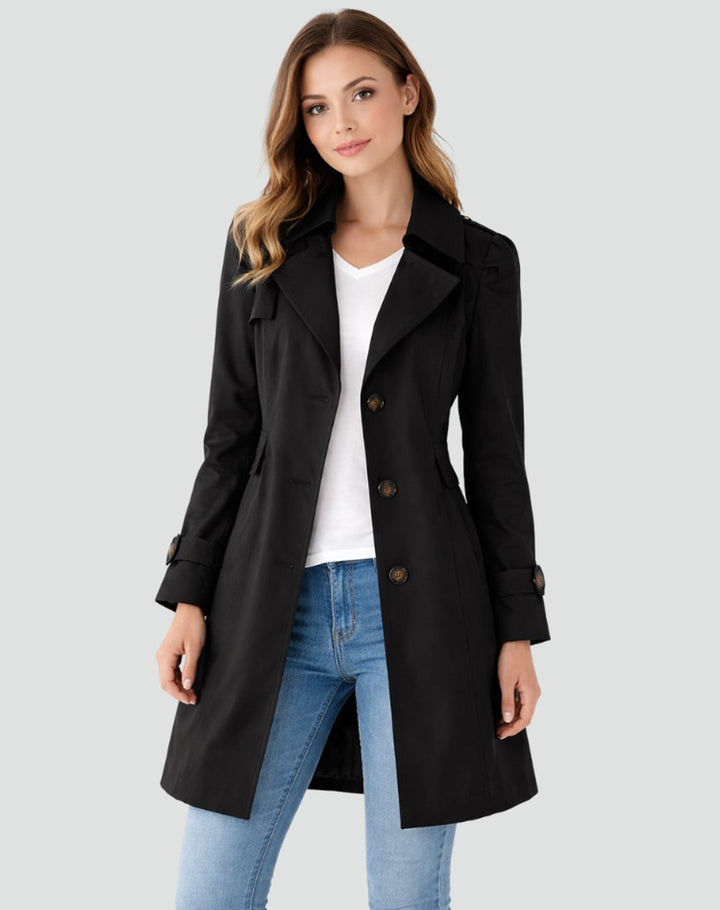 Maßgeschneiderter Damen Trenchcoat, mittellang, zweireihig, elegant. Perfekt für Business & Freizeit.