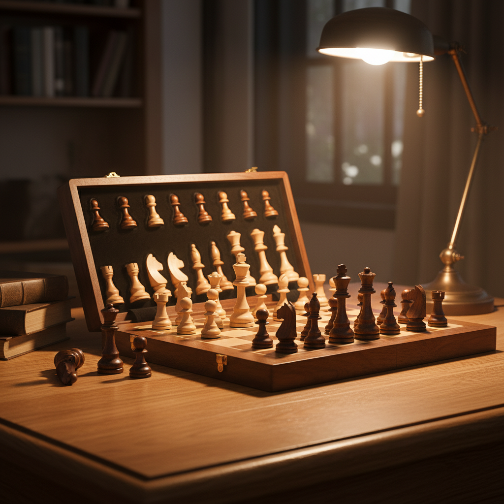 Massivholz Reise Schachspiel mit eleganten Figuren, perfekt für unterwegs.