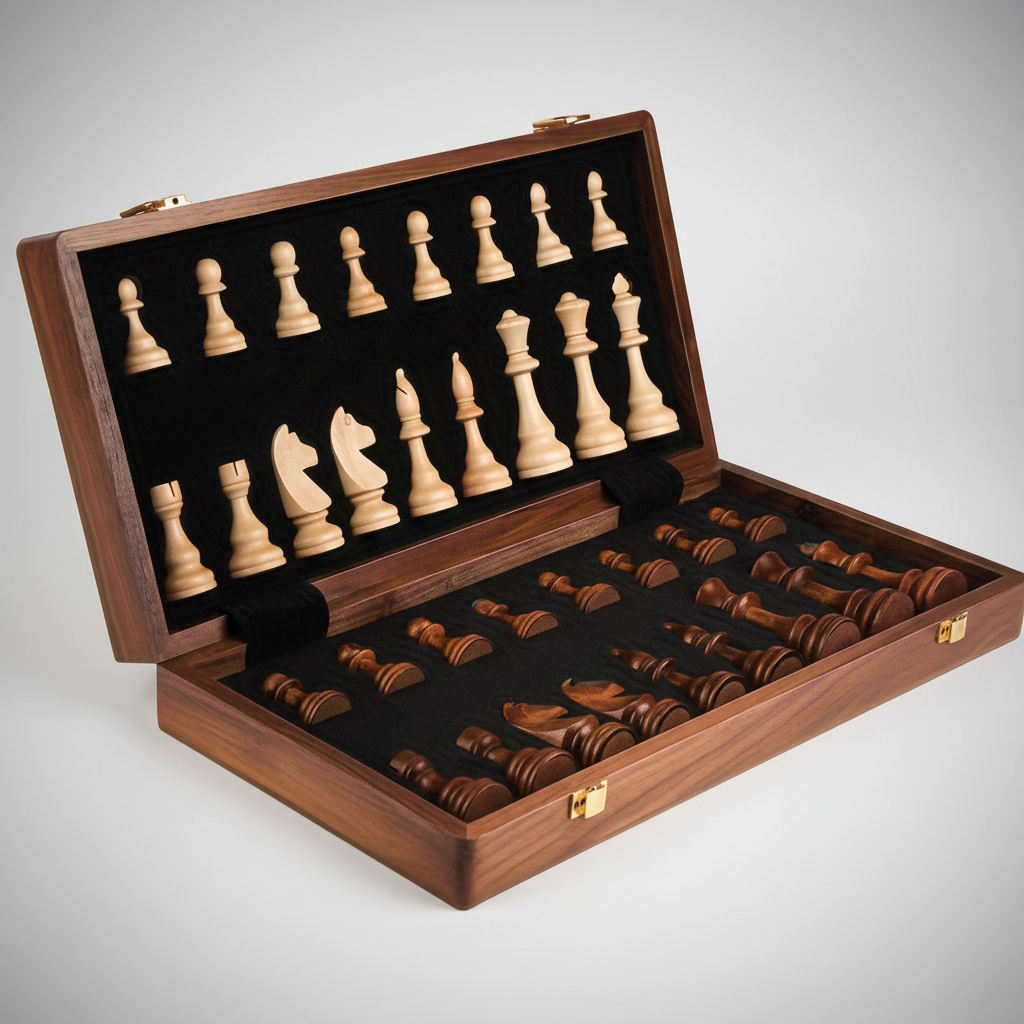Hochwertiges Holzschachset Woodduelor, handgefertigt und taktil, ideal für Reisen.