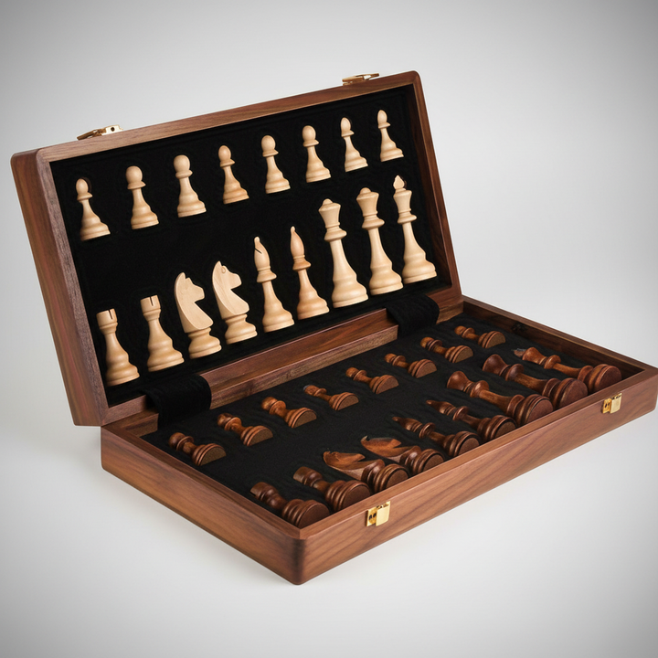 Hochwertiges Holzschachset Woodduelor, handgefertigt und taktil, ideal für Reisen.