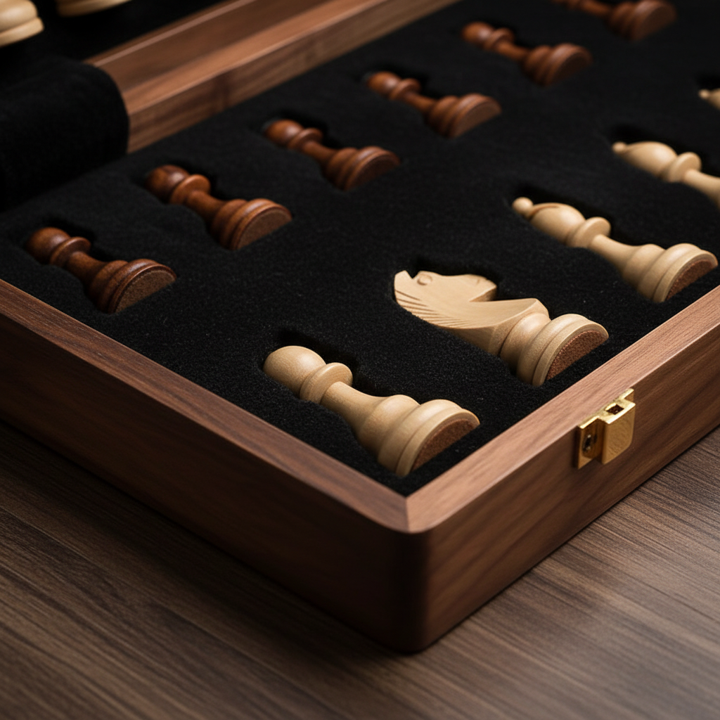 Kompaktes Massivholz Reiseschachspiel aus edlem Holz, ein strategisches Brettspiel Geschenk.