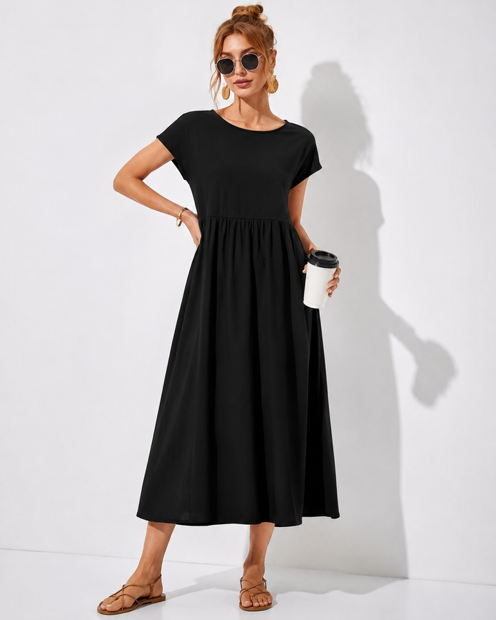 Elegantes Damenkleid Mathilda im A-Linien-Schnitt mit schmeichelhaften Falten, modisches Kurzarm-Freizeitkleid für Frauen.
