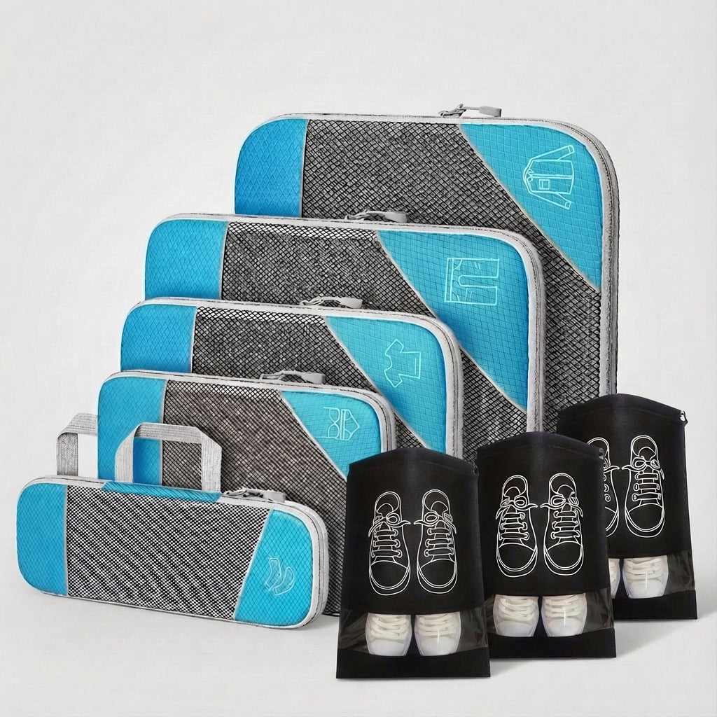 Mehrere LiteCube Packwürfel in unterschiedlichen Größen, perfekt für alle Reisebedürfnisse und Gepäckarten.