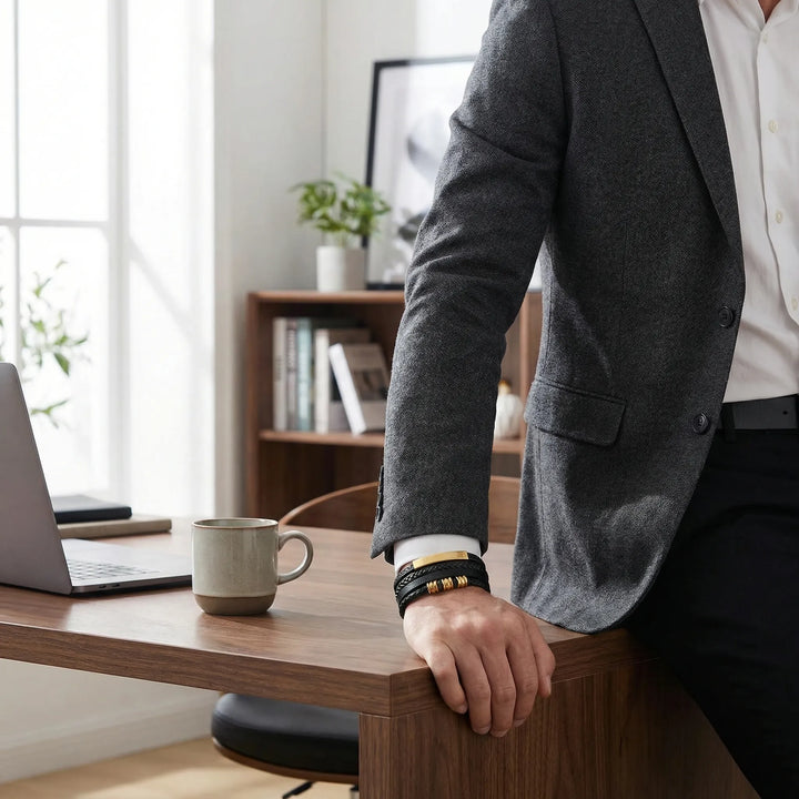 Mehrlagiges geflochtenes Herren Vintage Armband in Schwarz mit Akzenten für den stilbewussten Mann.