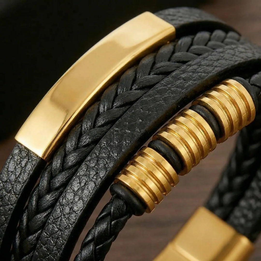 Elegantes Vintage Herren Armband, geflochten, mehrlagig in Schwarz & Silber mit starkem Magnetverschluss.