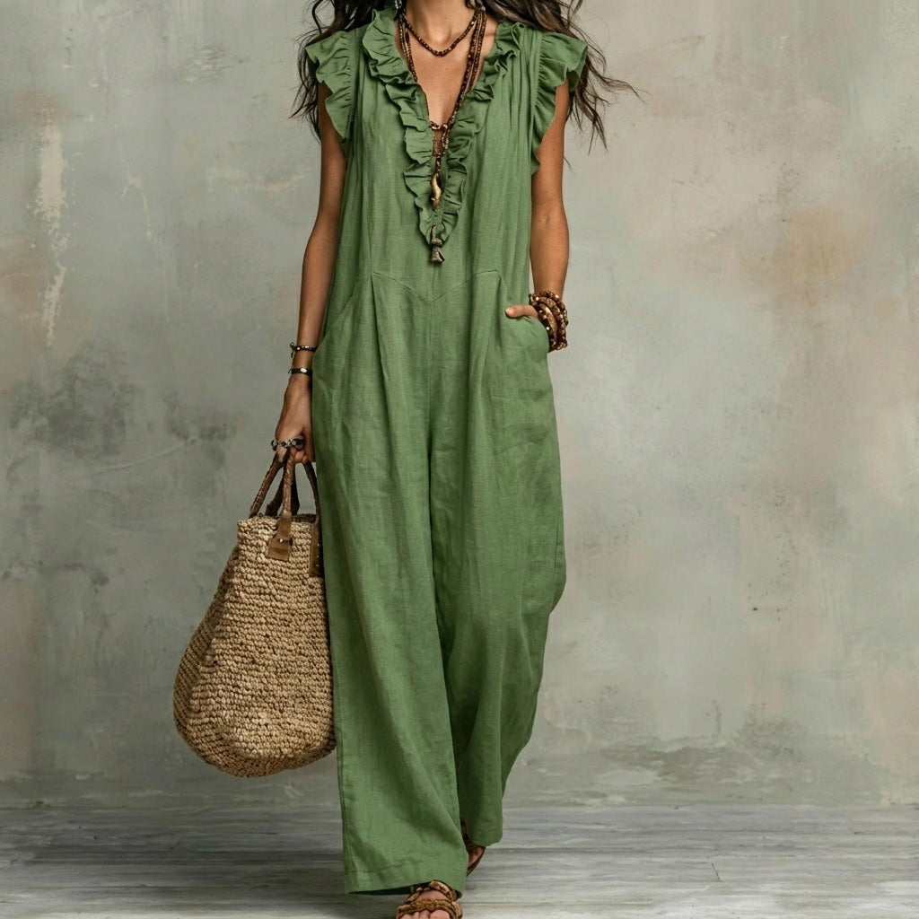 Praktisches Damen Maxikleid mit V-Ausschnitt, Rüschen und Seitentaschen, ideal für Alltag und Urlaub.