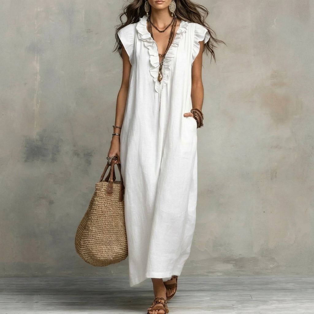 Lässiges Freizeit Maxikleid für Damen, mit V-Ausschnitt, Rüschen und Seitentaschen, bequem und stylisch.