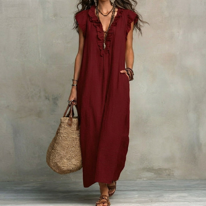 Vielseitiges Damen Maxikleid, V-Ausschnitt, Rüschen, als Freizeitkleid oder elegantes Sommerkleid tragbar.