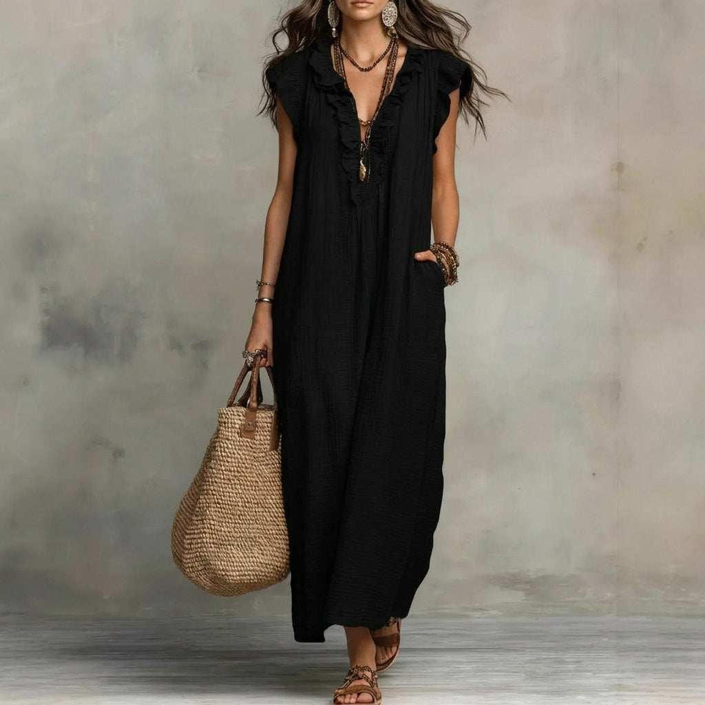 Elegantes Damen Maxikleid mit V-Ausschnitt und zarten Rüschen, perfekt für Sommer und Freizeit.