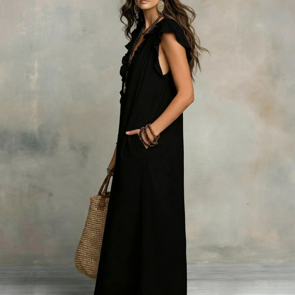 Fließendes, atmungsaktives Damen Maxikleid mit V-Ausschnitt und Rüschen, ideal für warme Tage.
