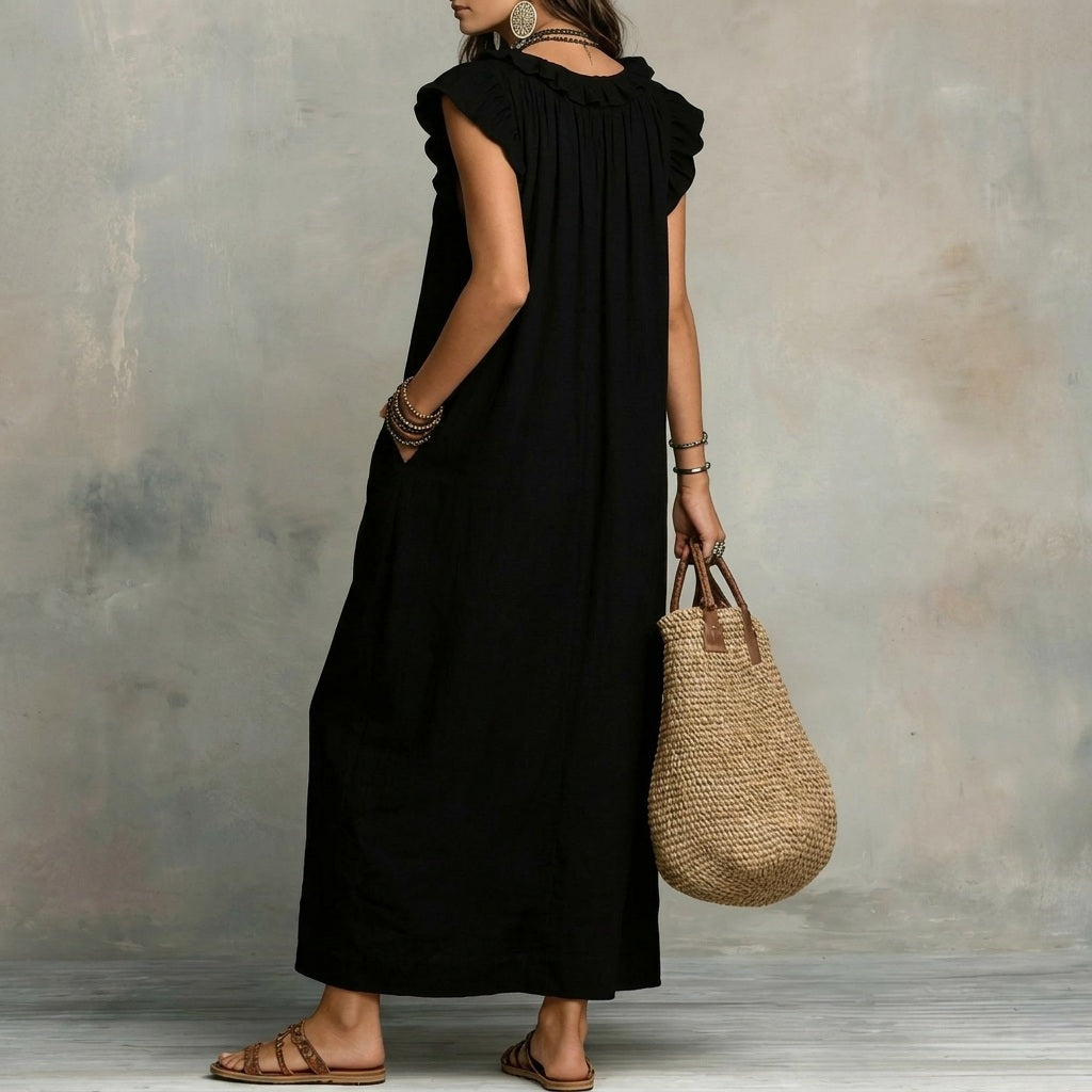 Modisches Damen Maxikleid, elegant mit V-Ausschnitt und Rüschen, geeignet für besondere Anlässe.