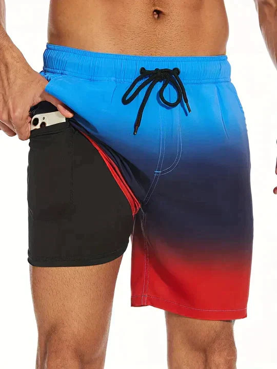 Modische Herren Schwimmshorts, schnelltrocknend, mit tropischem Palmenmuster, für den Urlaub.