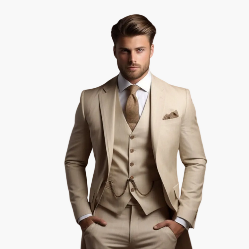 Stilvoller Dreiteiler Herrenanzug mit Sakko, Weste & Hose. Perfekt für formelle Anlässe.