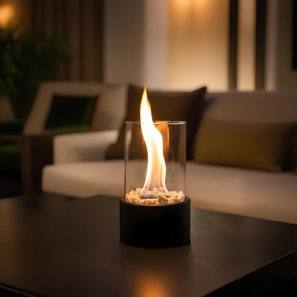 Gemütliche Flammenlaterne HearthLume aus Metall und Glas für stimmungsvolles Ambiente im Wohnbereich.