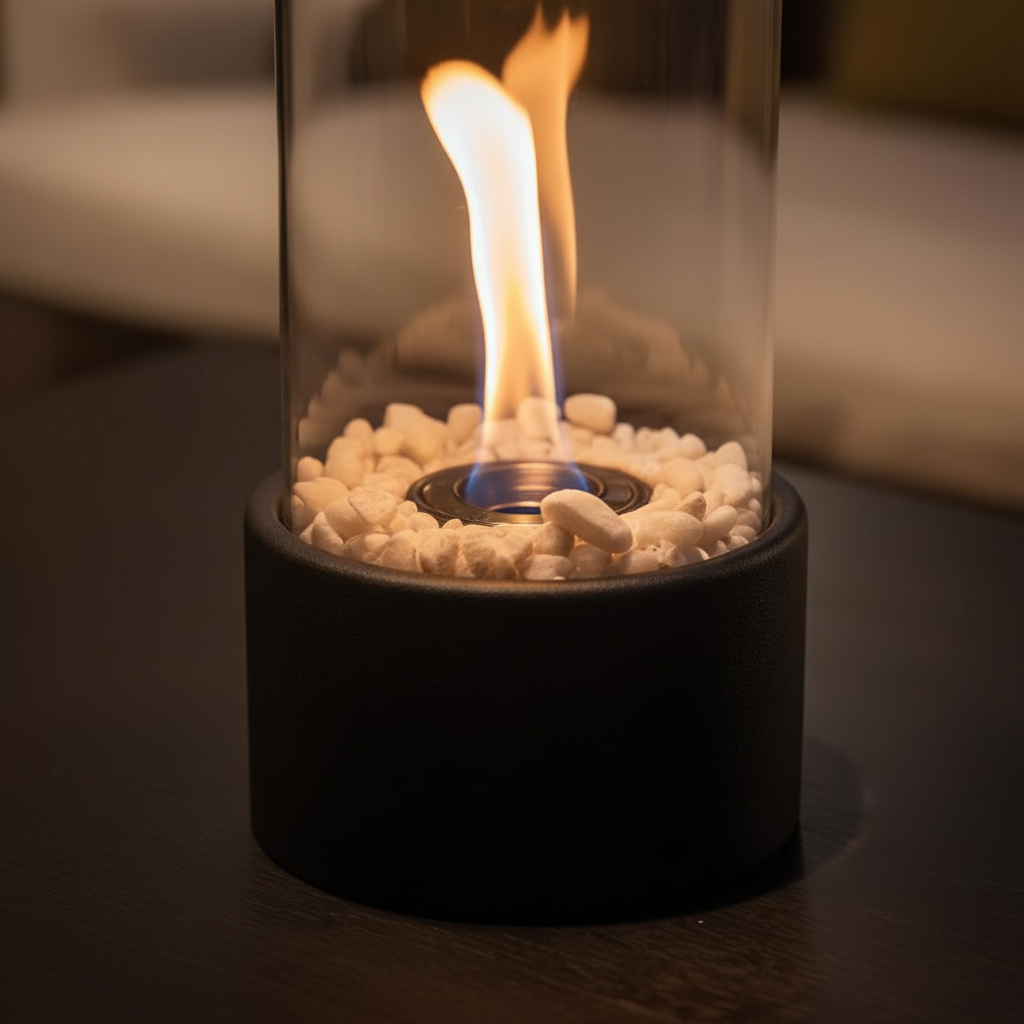 Elegante HearthLume Flammenlaterne aus robustem Metall, ideal zur Schaffung eines warmen, einladenden Ambientes.