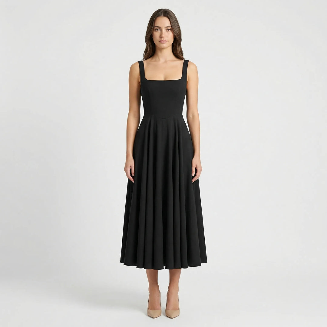 Damen Midi Kleid Sofie mit hohem Bund und quadratischem Ausschnitt. Ein stilvolles Sommerkleid.