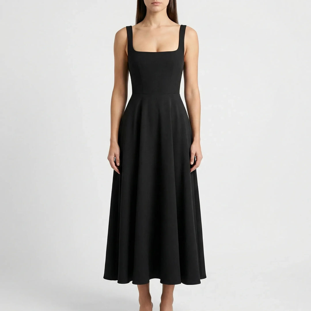 Klassisches Damen Midi Kleid mit hoher Taille und fließendem Stoff. Vielseitig und elegant.