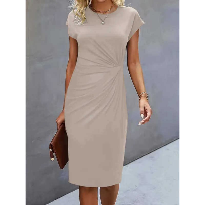 Figurbetontes Damen Midikleid mit schmeichelnder Drapierung. Bequemes Slim Fit Freizeitkleid mit Rundhals.