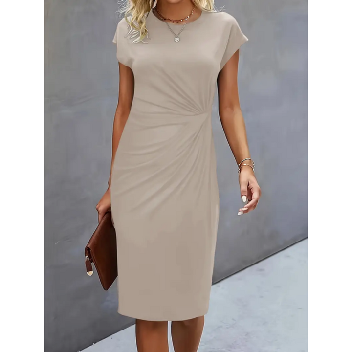 Figurbetontes Damen Midikleid mit schmeichelnder Drapierung. Bequemes Slim Fit Freizeitkleid mit Rundhals.