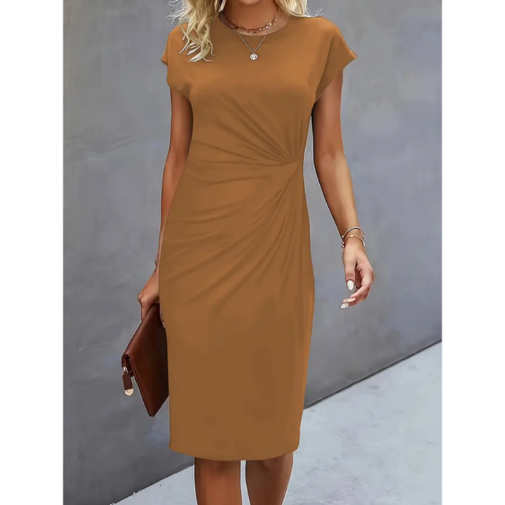 Damen Midi-Kleid mit eleganter Drapierung und Slim Fit. Vielseitiges Sommerkleid für Freizeit und Büro.