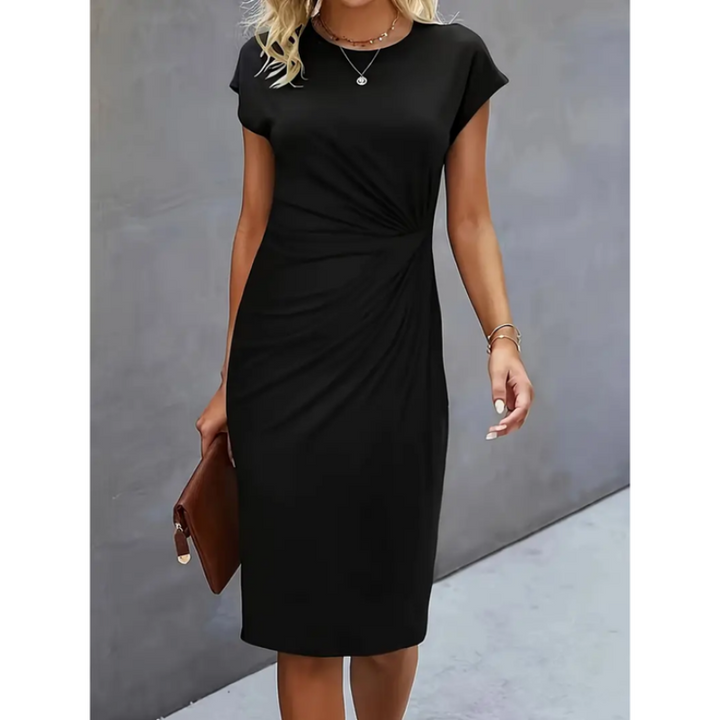 Stilvolles Damen Midikleid mit Drapierung. Elegantes Slim Fit Kleid für diverse Anlässe, Rundhals-Design.