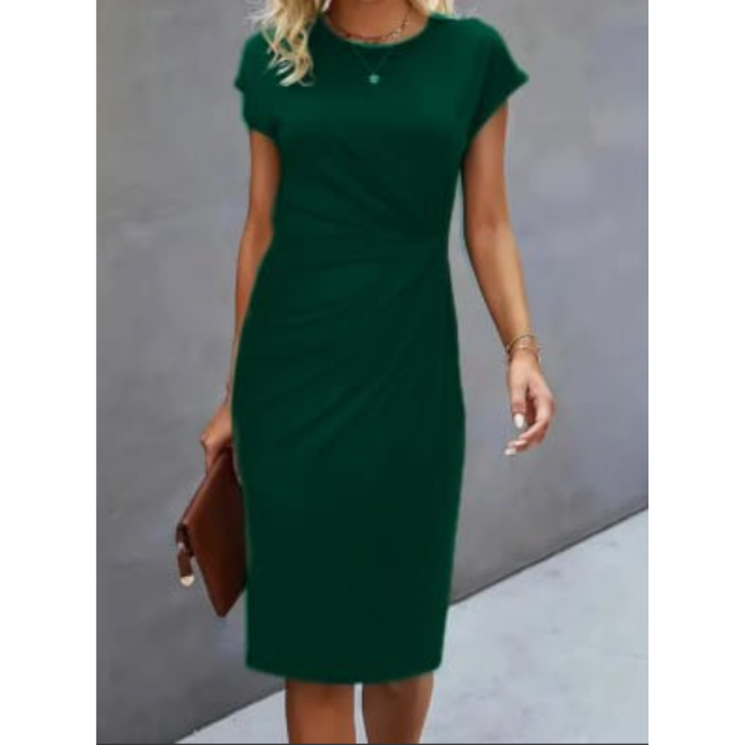Sommerliches Damen Midikleid mit eleganter Drapierung. Bequemes Kurzarm-Kleid mit figurbetontem Slim Fit.