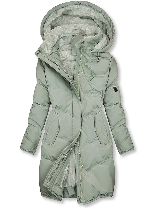 Stilvoller Damen Wintermantel, lang geschnitten, mit warmer gefütterter Kapuze für Freizeit & Alltag.