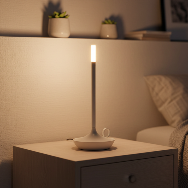 Minimalistische LED-Tischlampe aus Aluminium mit Akku, dimmbar, warmweißes Licht für stilvolles Ambiente.