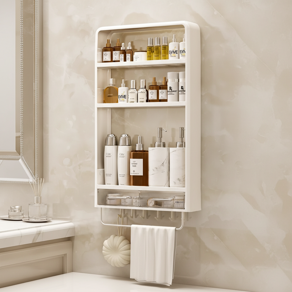 Minimalistisches Plastikregal SpaceTidy für das Bad, einfache Wandmontage ohne Bohren, bietet praktische Aufbewahrung.