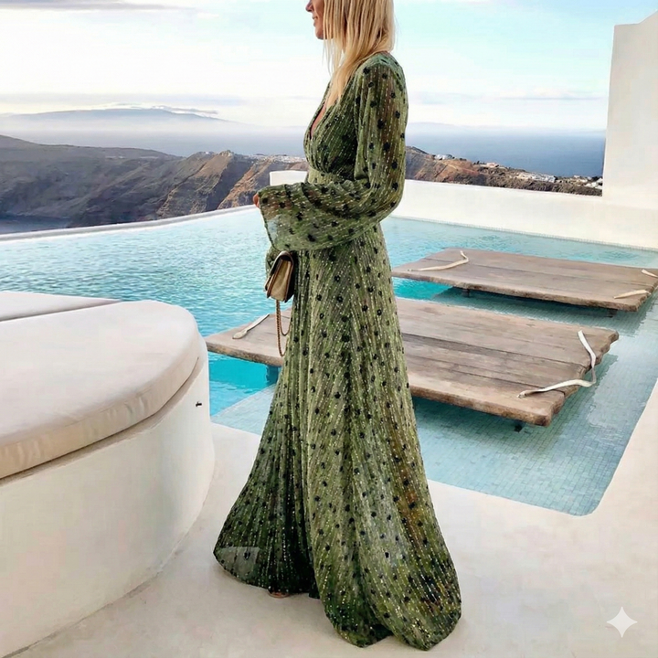Elegantes grünes Damen Maxikleid mit V-Ausschnitt & fließendem Stoff. Perfekt als Abendkleid oder festliches Sommerkleid.
