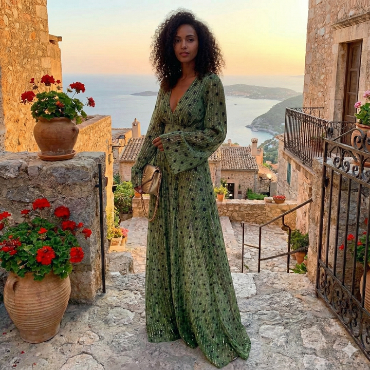 Langes, fließendes Damen Maxikleid in Grün mit tiefem V-Ausschnitt. Bequemes Langarm-Kleid im Boho-Stil für Sommerabende.