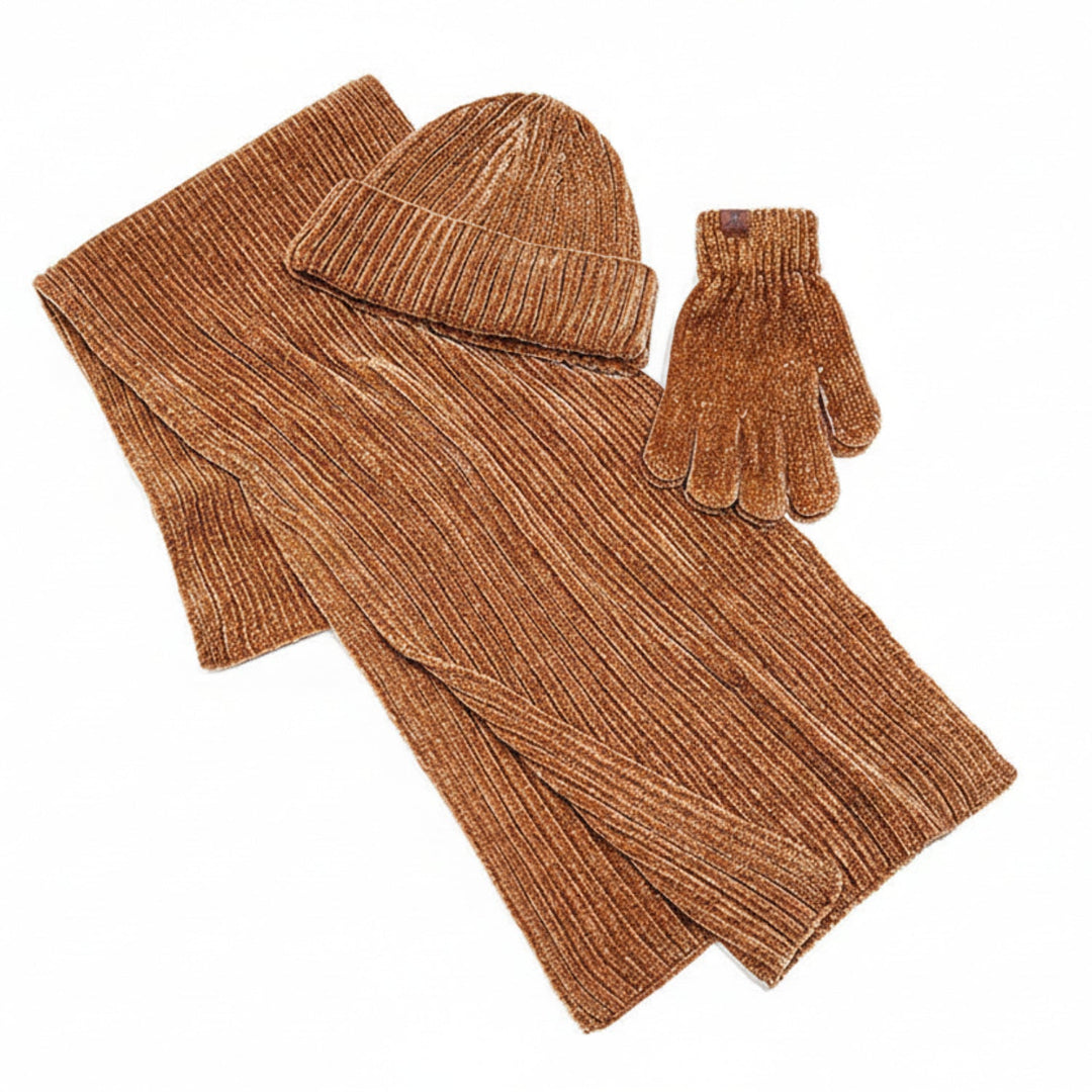 Unisex Strick-Winterset in Beige: Mütze, Schal & Handschuhe für kalte Tage und Herbst/Winter. Hält warm.