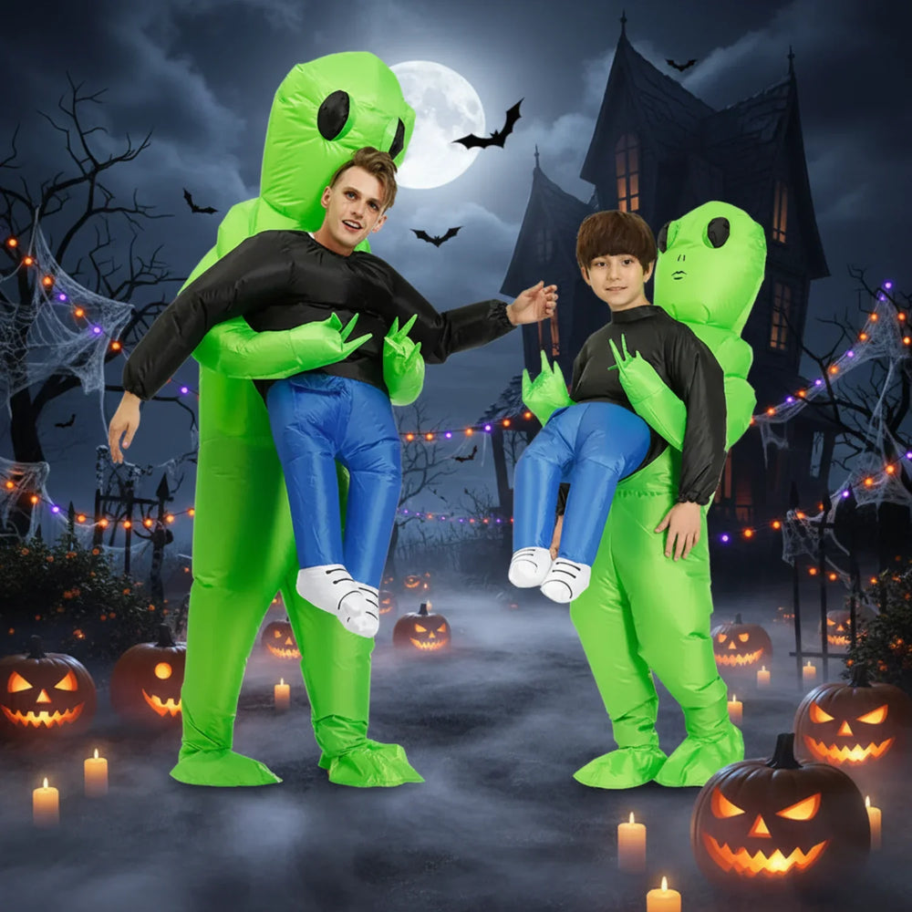 Schnell aufblasbares Alien-Kostüm für Erwachsene & Kinder. Ideal für lustige Halloween-Partys, Fasching & Cosplay-Events.