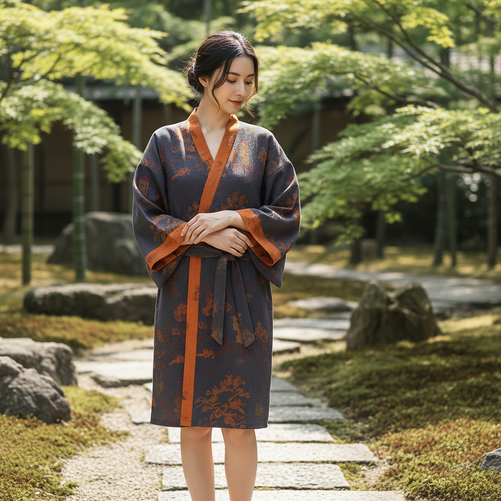 Eleganter Damen Kimono Bademantel Luisa, mittellang, leicht, mit stilvollem Muster für gemütliche Hauskleidung.