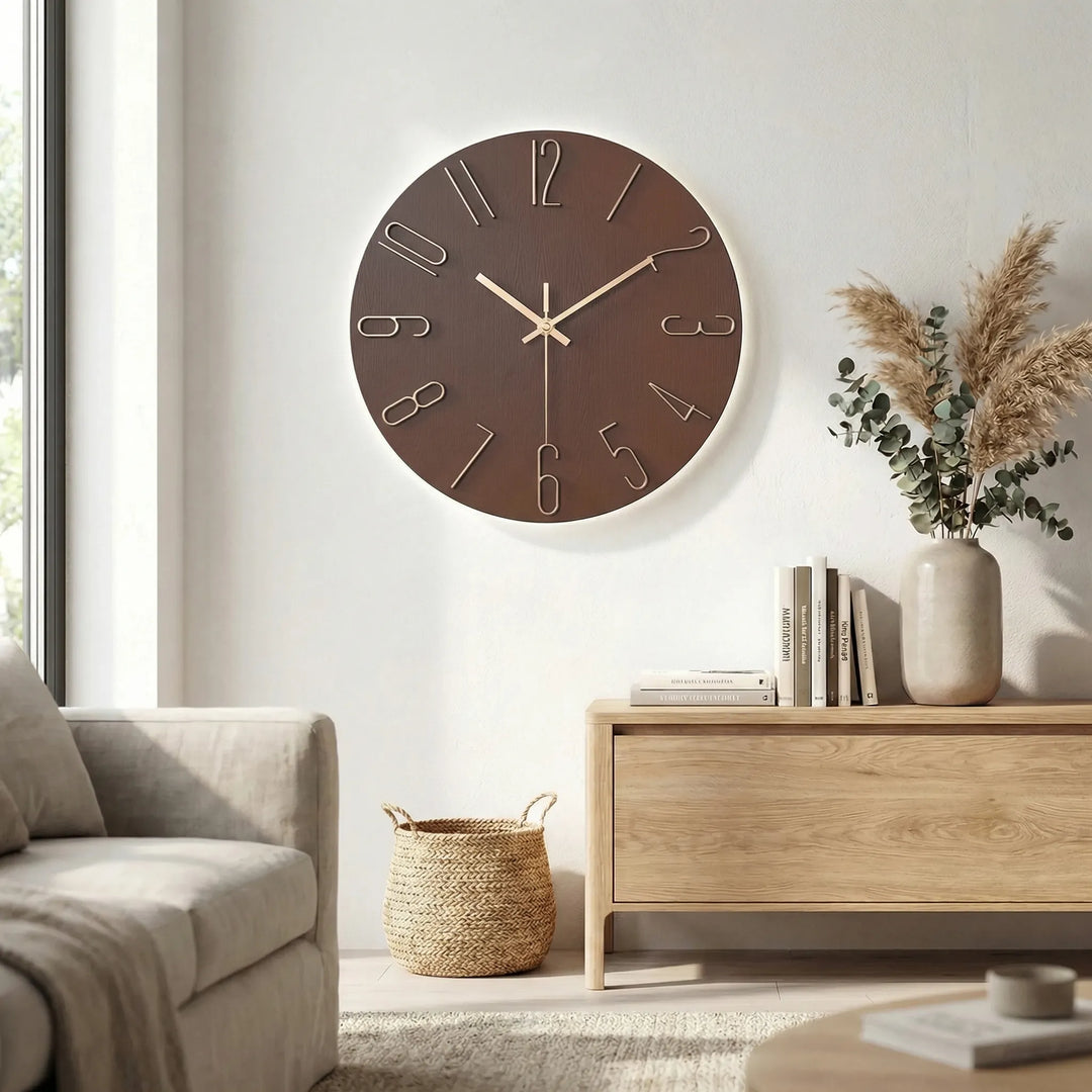 Detailaufnahme der modernen runden Wanduhr, geräuschlos, stilvolle Dekoration für Ihr Zuhause.