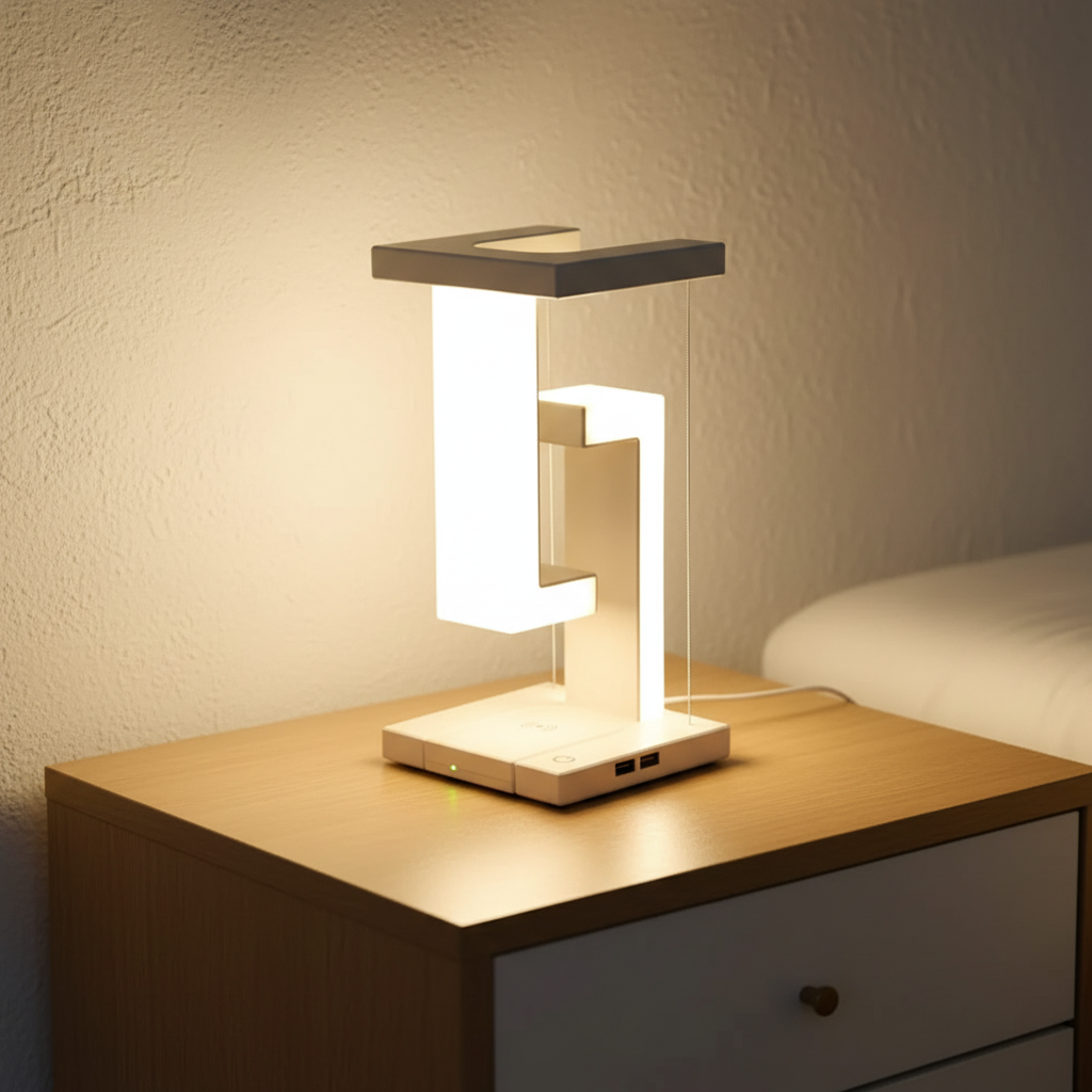 Moderne Schwebende Tischleuchte FloatGlow mit LED-Licht und elegantem Design für Wohnzimmer oder Büro.