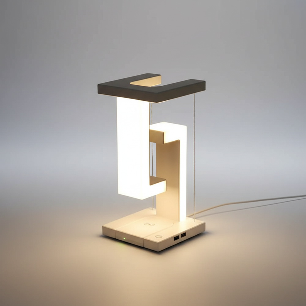 Innovativ: Schwebende LED-Tischleuchte mit Wireless Charging Funktion, ideal als Nachttischlampe oder Schreibtischlampe.