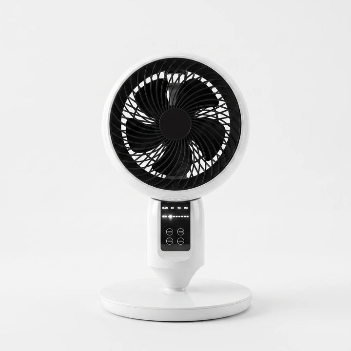 Kompakter Tischventilator, auch als Standventilator nutzbar, für effektive 3D-Luftzirkulation in jedem Raum.