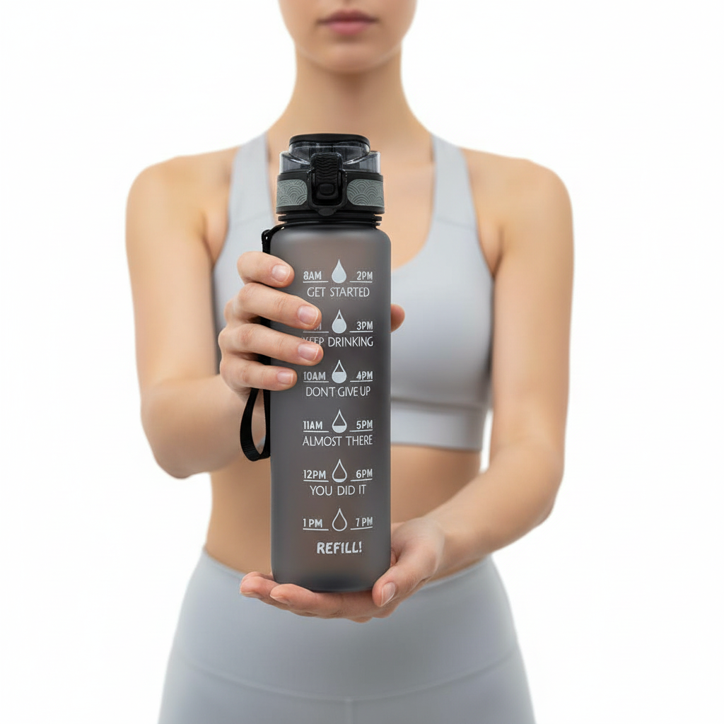 Umweltfreundliche 1-Liter Trinkflasche aus Tritan mit Zeitleiste & Motivations-Sprüchen für optimale Hydrierung.