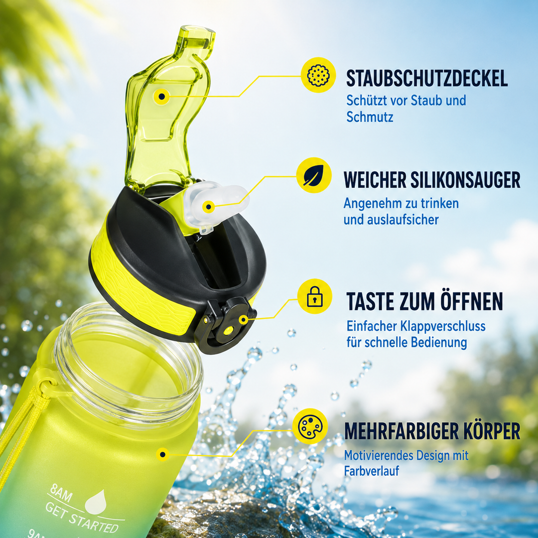 Robuste 1L Trinkflasche mit Zeitleiste & Motivationssprüchen, perfekt für Fitness, Sport, Büro & gesunde Hydrierung.