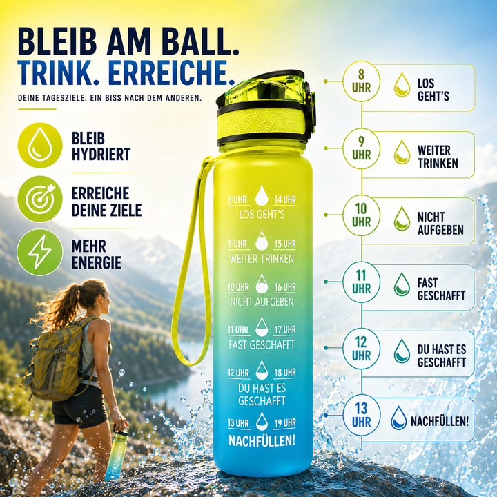 BPA-freie Sport-Trinkflasche 1L mit Zeitleiste & Motivations-Sprüchen für Fitness, Büro & Outdoor-Aktivitäten.