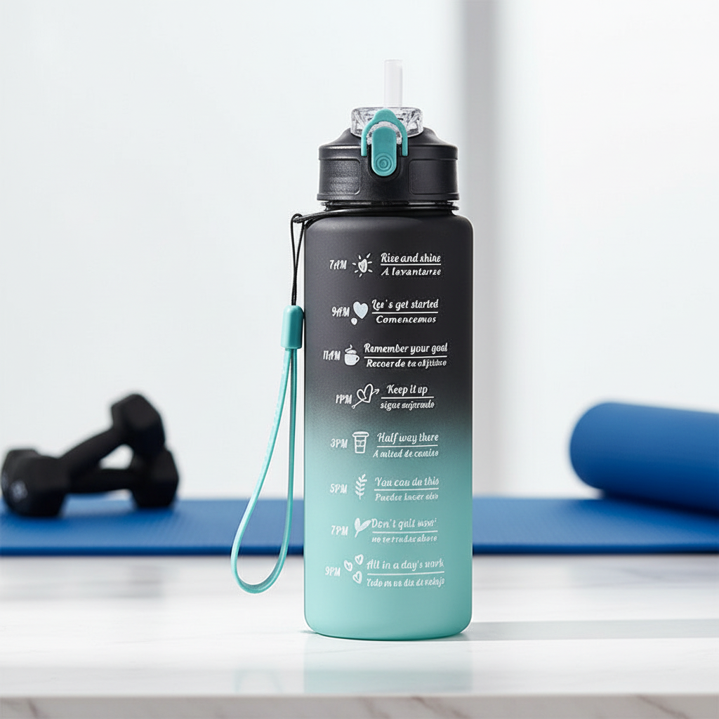 Motivationsflasche AquaPulse mit Zeitmarkierung für tägliche Hydration, ideal für Sport & Fitness.