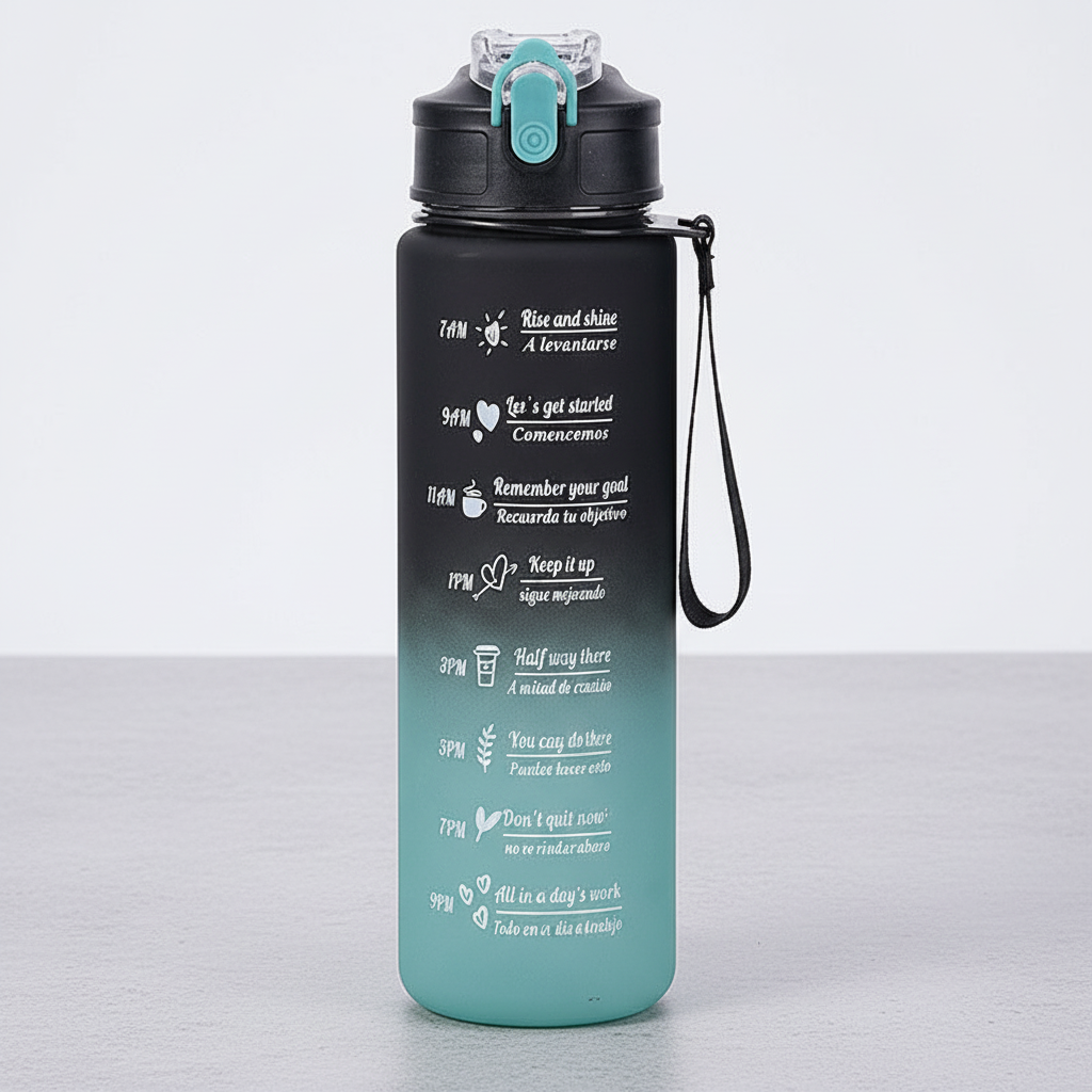 Auslaufsichere AquaPulse Trinkflasche mit Strohhalm & Zeitmarkierung. Ideal für Sport, Fitness & täglichen Gebrauch.