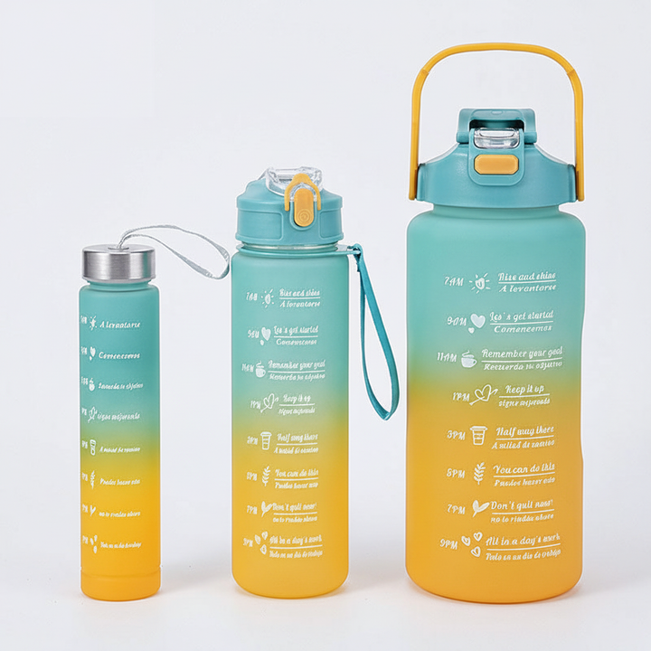 AquaPulse Trinkflasche mit Griff, Zeitmarkierung & auslaufsicherem Deckel. Dein Partner für Sport, Fitness & Hydration.