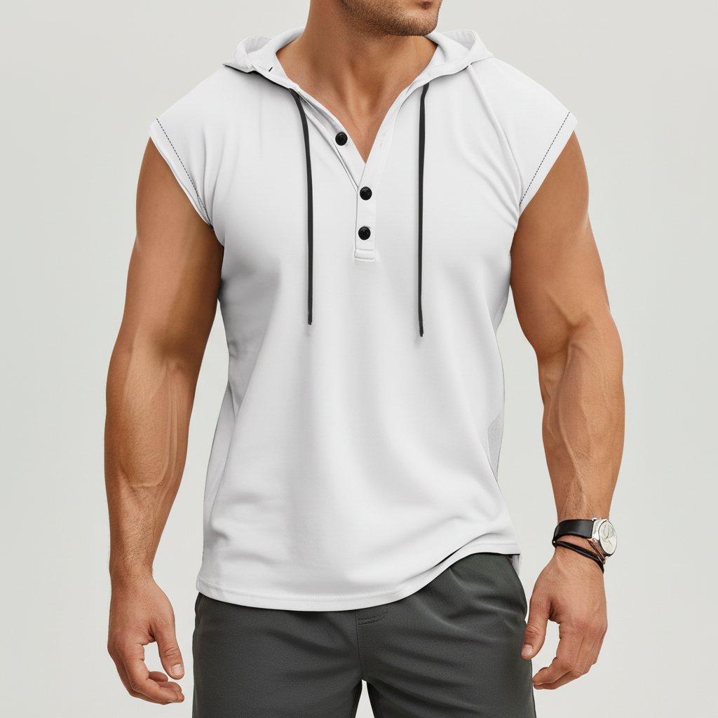 Mann trägt AeroVibe ärmelloses Henley Tanktop. Sportlich, bequem & schnelltrocknend für Fitness.