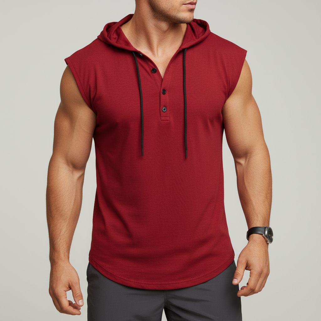 Nahaufnahme des atmungsaktiven Stoffes vom Herren Henley Tanktop. Ideal für Sport & Gym.
