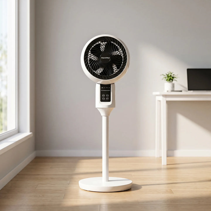 Höhenverstellbarer Standventilator, auch als Tischventilator nutzbar, für optimale Luftzirkulation.