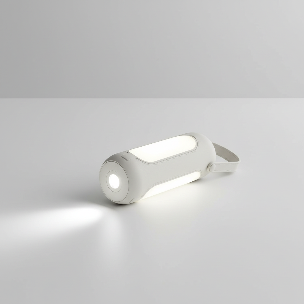 Praktische NightHalo Akkulaterne, multifunktional als Campinglampe, Taschenlampe & Notfall-LED-Licht.