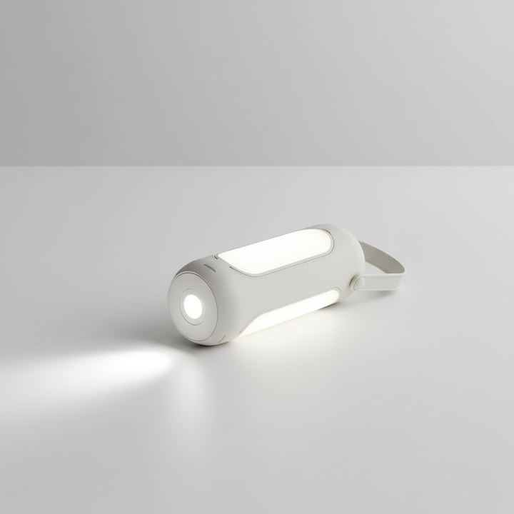 Praktische NightHalo Akkulaterne, multifunktional als Campinglampe, Taschenlampe & Notfall-LED-Licht.