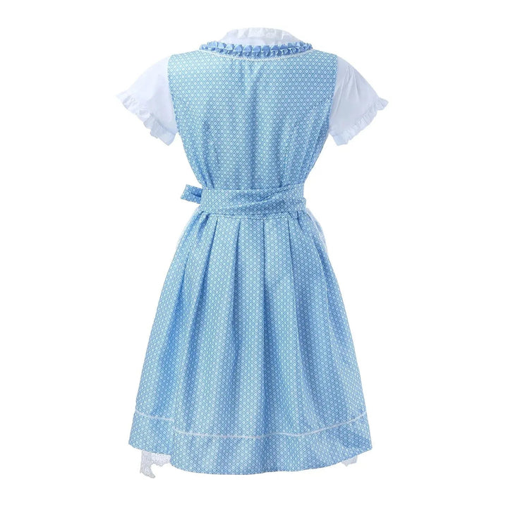 Traditionelles hellblaues Damen Dirndlkleid mit Stickereien, festliche Trachtenmode für Oktoberfest & Volksfest.